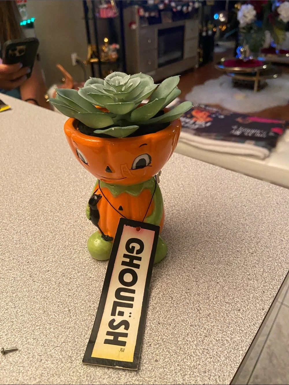 Orange Pumpkin Planter with Green Accents - Decorative Home Accent